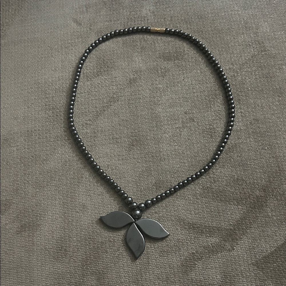 Vintage Hematite Beaded Necklace | Triple Leaf Pendant | Art Nouveau Style